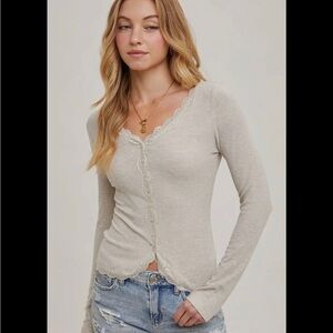 Bluivy Lace Trim Long Sleeve Top With Lace ~ Oatmeal